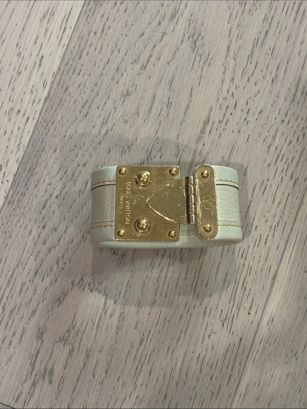 Louis Vuitton Cream Leather Cuff with Gold Lock Detail